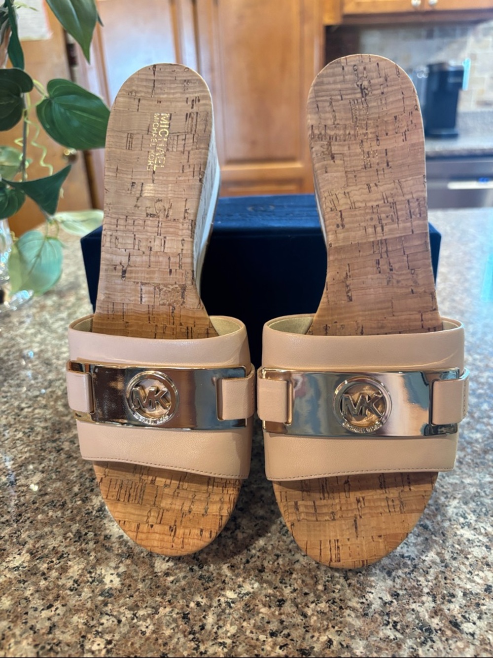 Michael Kors Warren Nude Leather Cork Wedge Slide Sandals with Gold MK Medallion - Picture 15 of 16